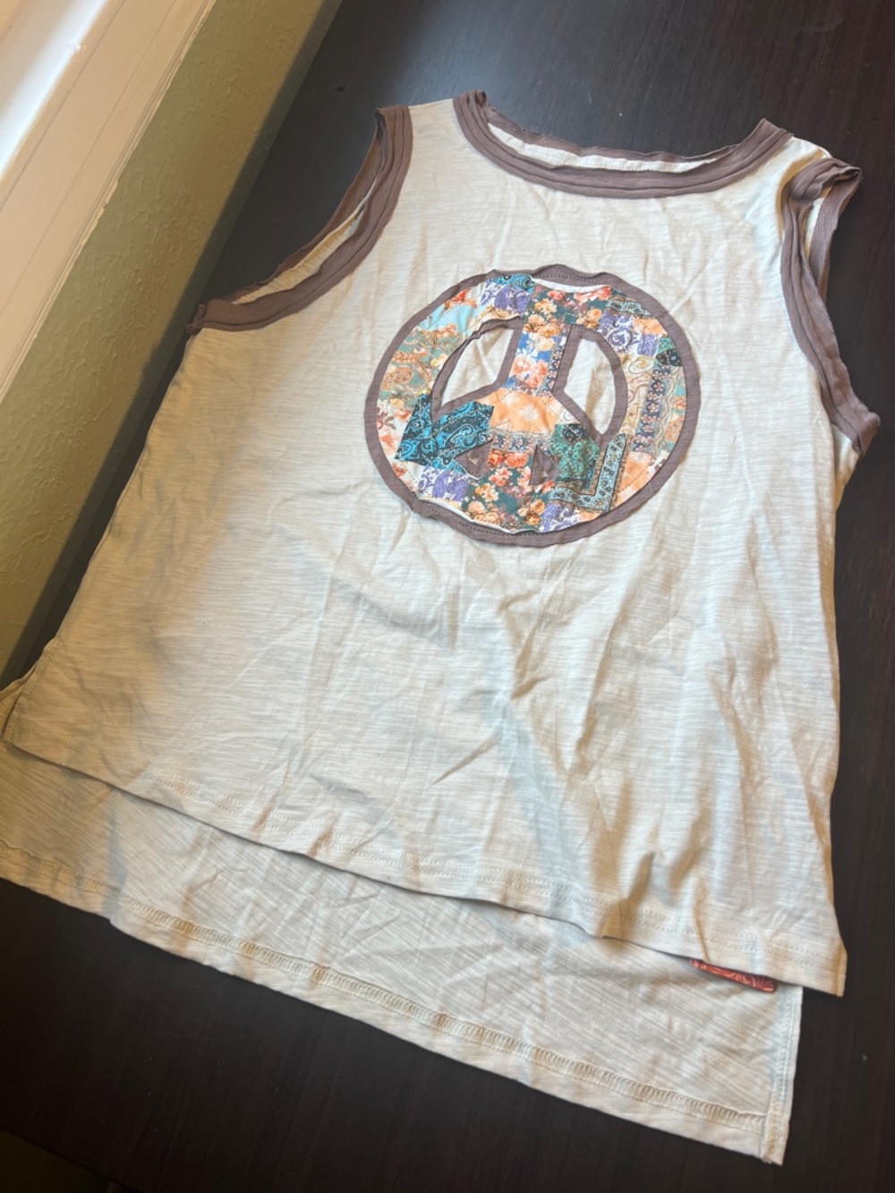 NWT Peace Sleeveless Tank with Brown Trim